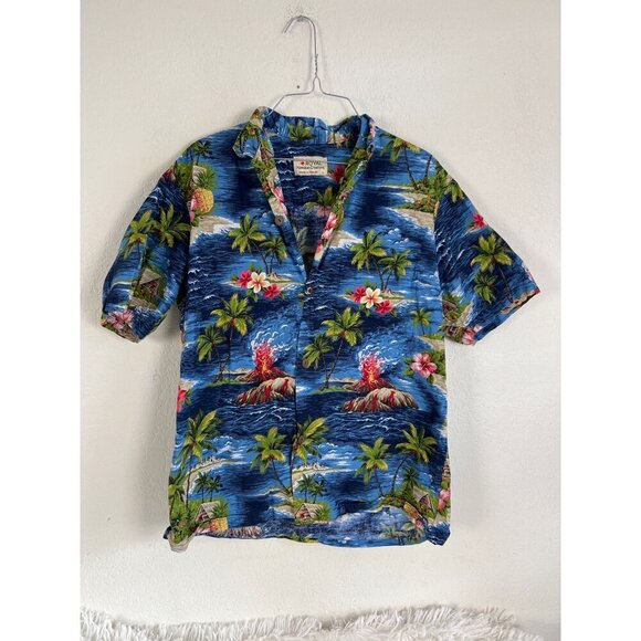 Royal Creations Men's Large Button Down Shirt Hawaiian Palm Trees Volcanos - Picture 1 of 6